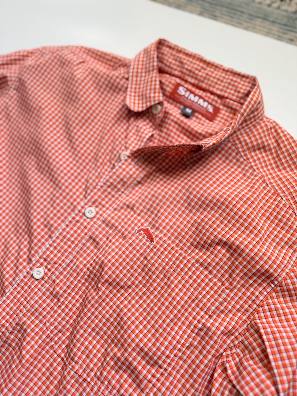 Simms Men’s Orange and White Plaid Button-Down Fishing Shirt